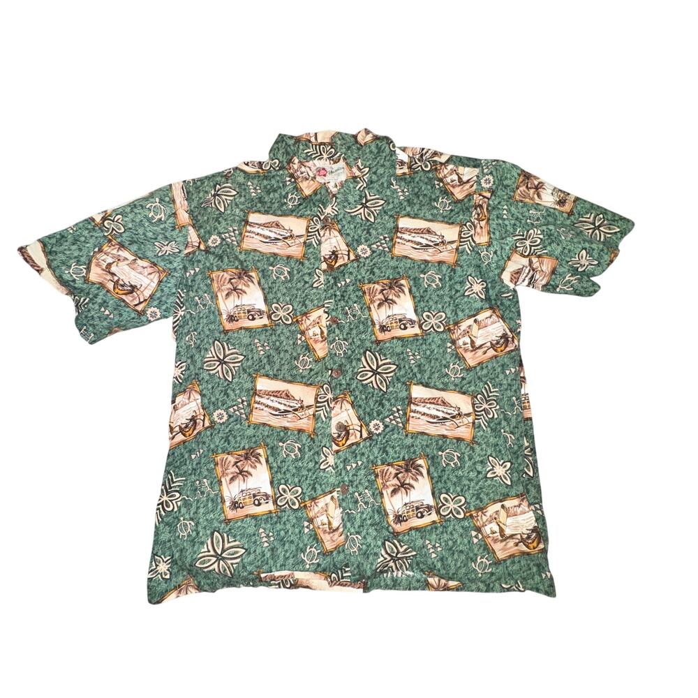 Vtg Hilo Hattie Original Hawaiian Shirt Men's Size XL Green Car Surfboard S/S